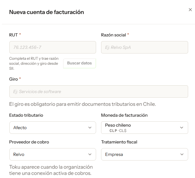 Formulario de nueva cuenta de facturación con RUT, razón social, giro, estado tributario, moneda y tratamiento fiscal.