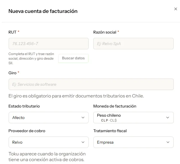 Formulario de nueva cuenta de facturación con RUT, razón social, giro, estado tributario, moneda y tratamiento fiscal.
