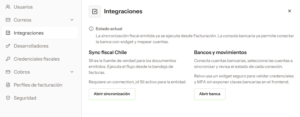 Pantalla de integraciones con sincronización fiscal de Chile y conexión de bancos y movimientos.