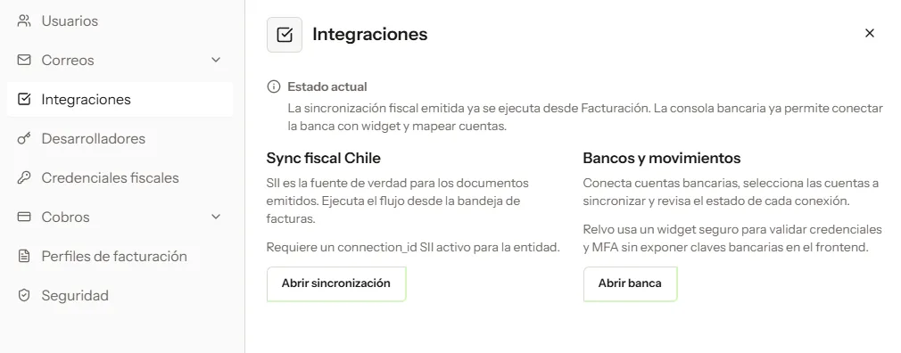 Pantalla de integraciones con sincronización fiscal de Chile y conexión de bancos y movimientos.